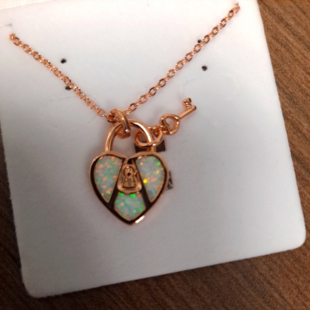 Lock and key with letter A. Rose gold. 18K GP Charm Necklace